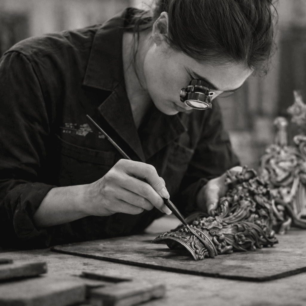 Une orfèvre restaure minutieusement un objet ancien dans son atelier