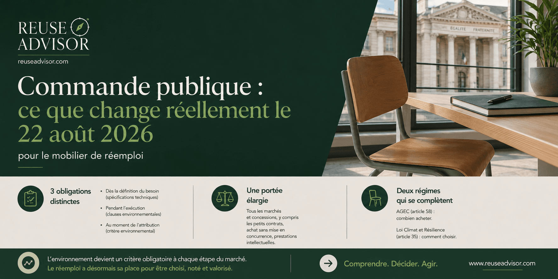 Commande publique : ce que change réellement le 22 août 2026 pour le mobilier de réemploi